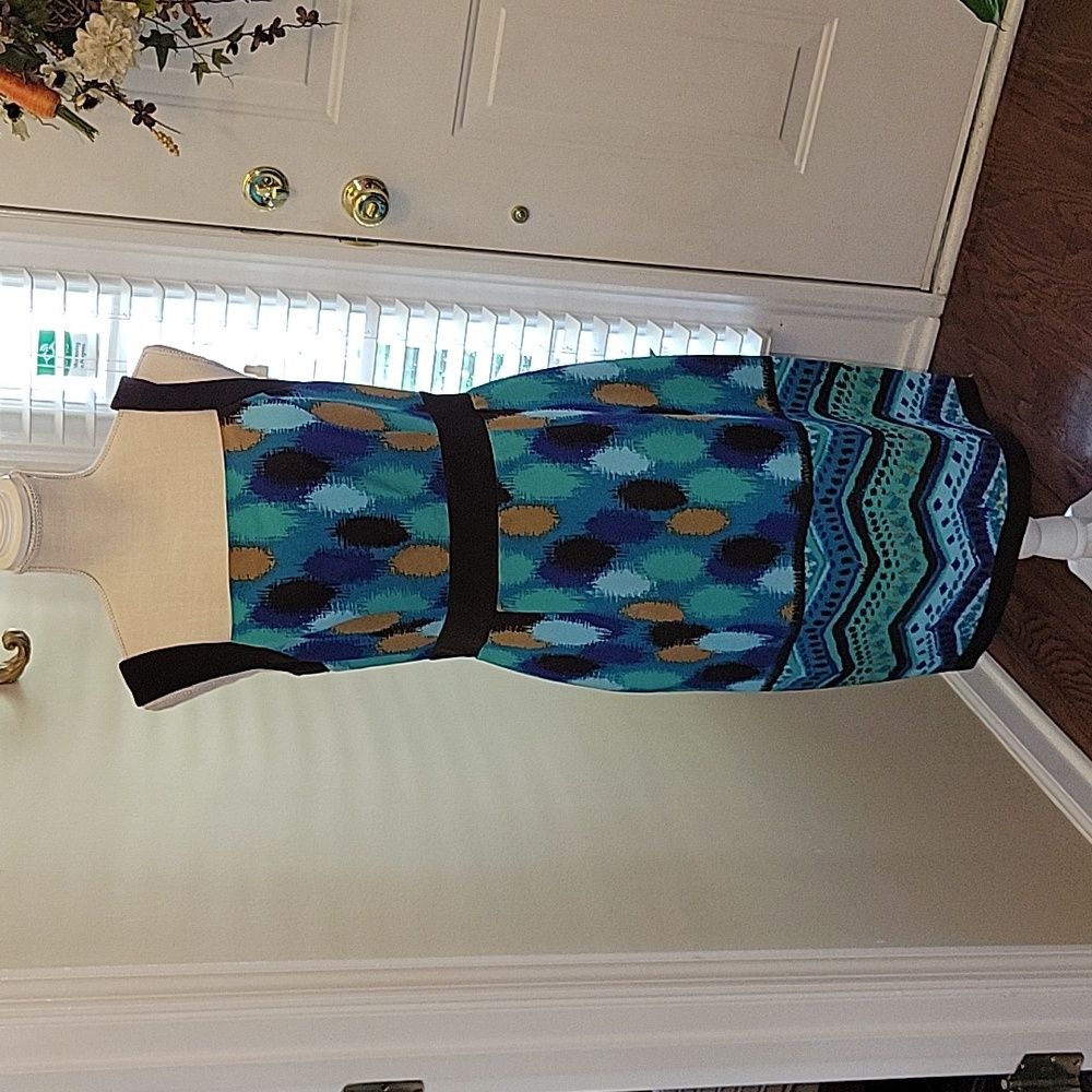 Cato aqua tan blue print sleeveless dress square neck empire waist stretch 8 EUC